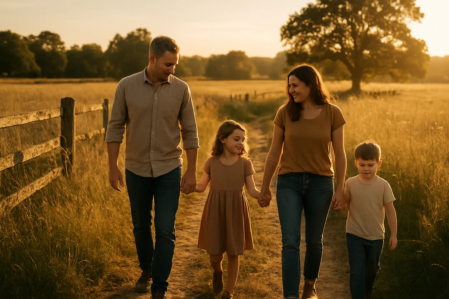 Family walking along inherited rural property