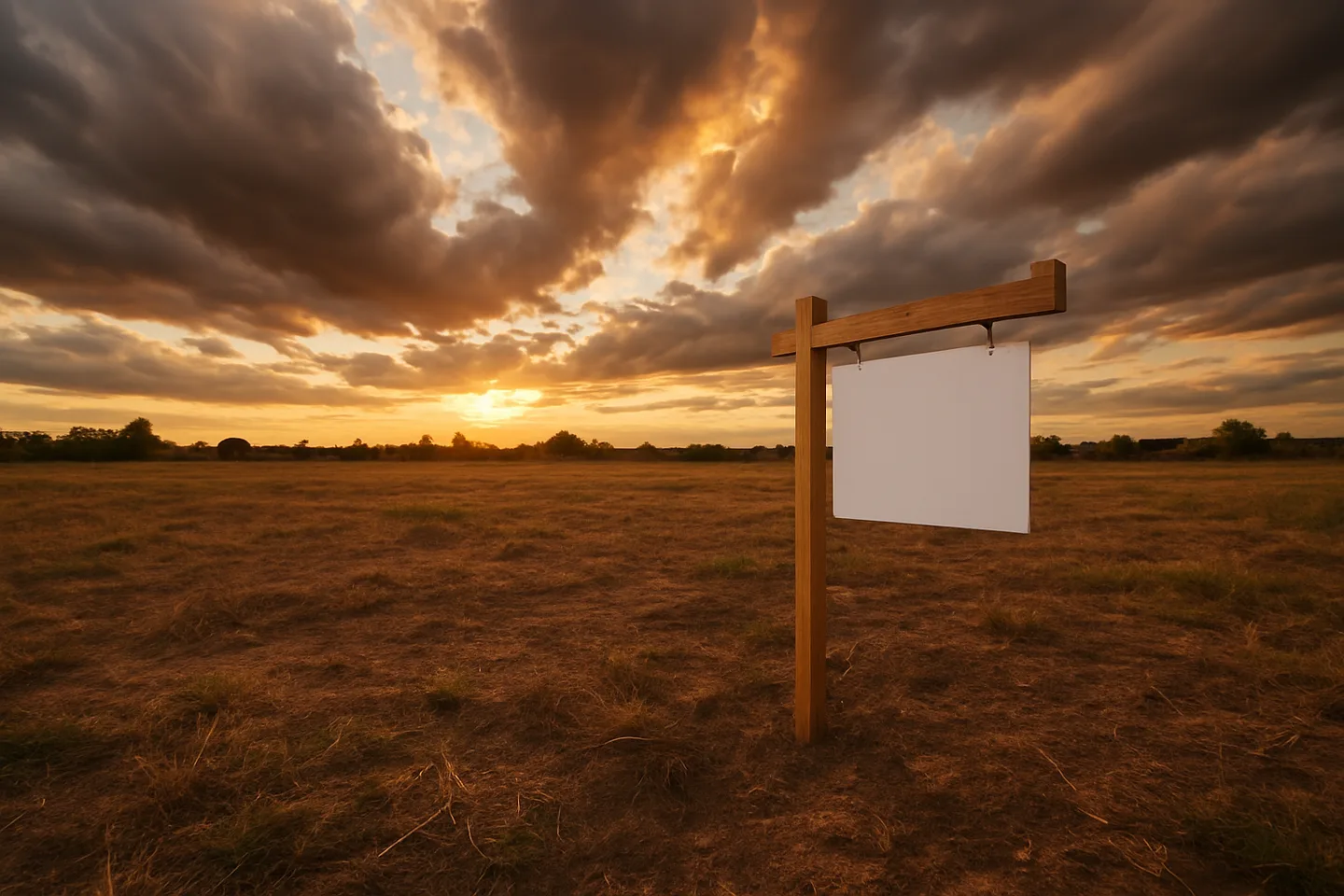 Vacant land parcel with real estate sign at golden hour
