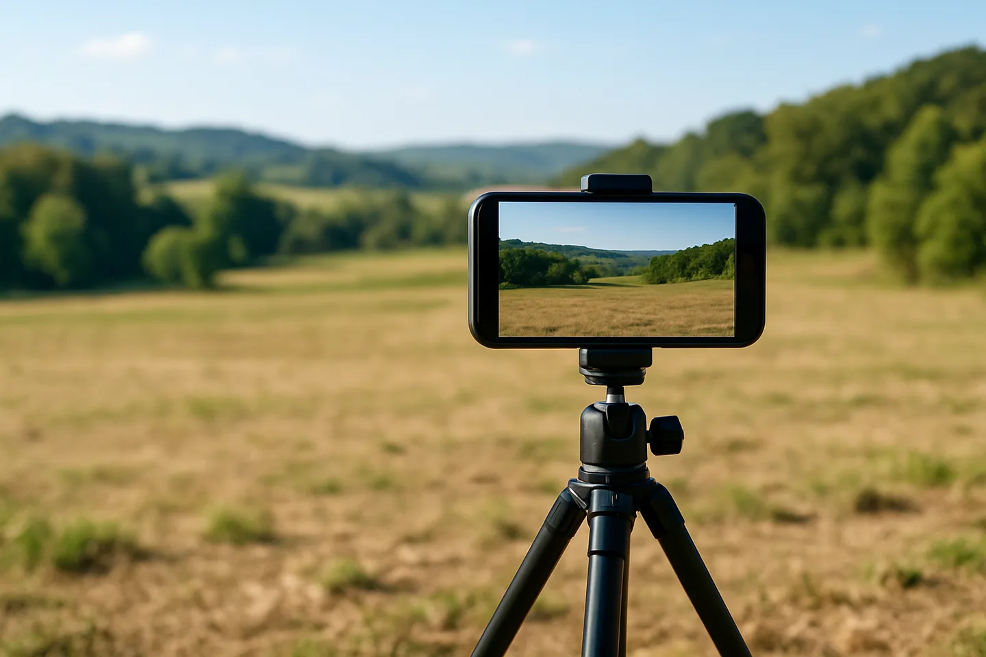 Smartphone on tripod photographing a vacant land parcel