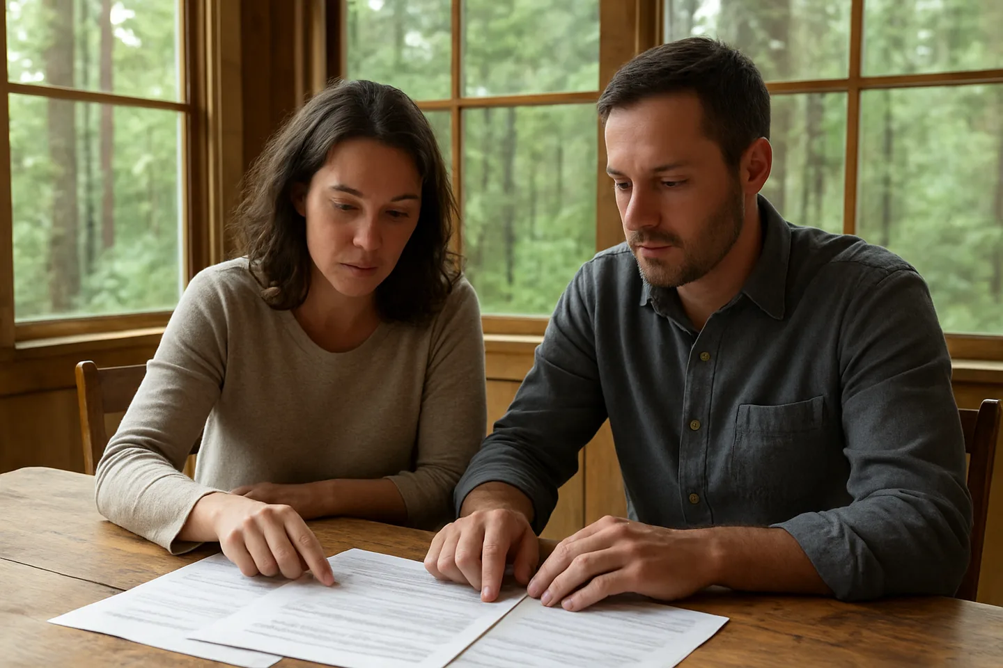 Two people reviewing land sale documents without a realtor