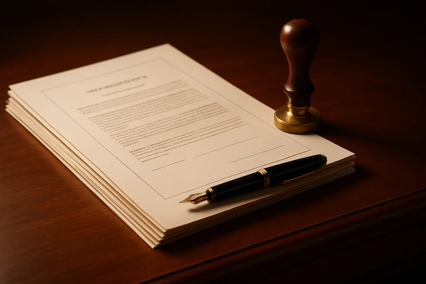 Legal land deed with notary stamp and fountain pen on desk