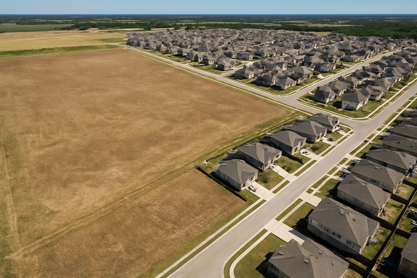 Aerial view of undeveloped land next to new construction