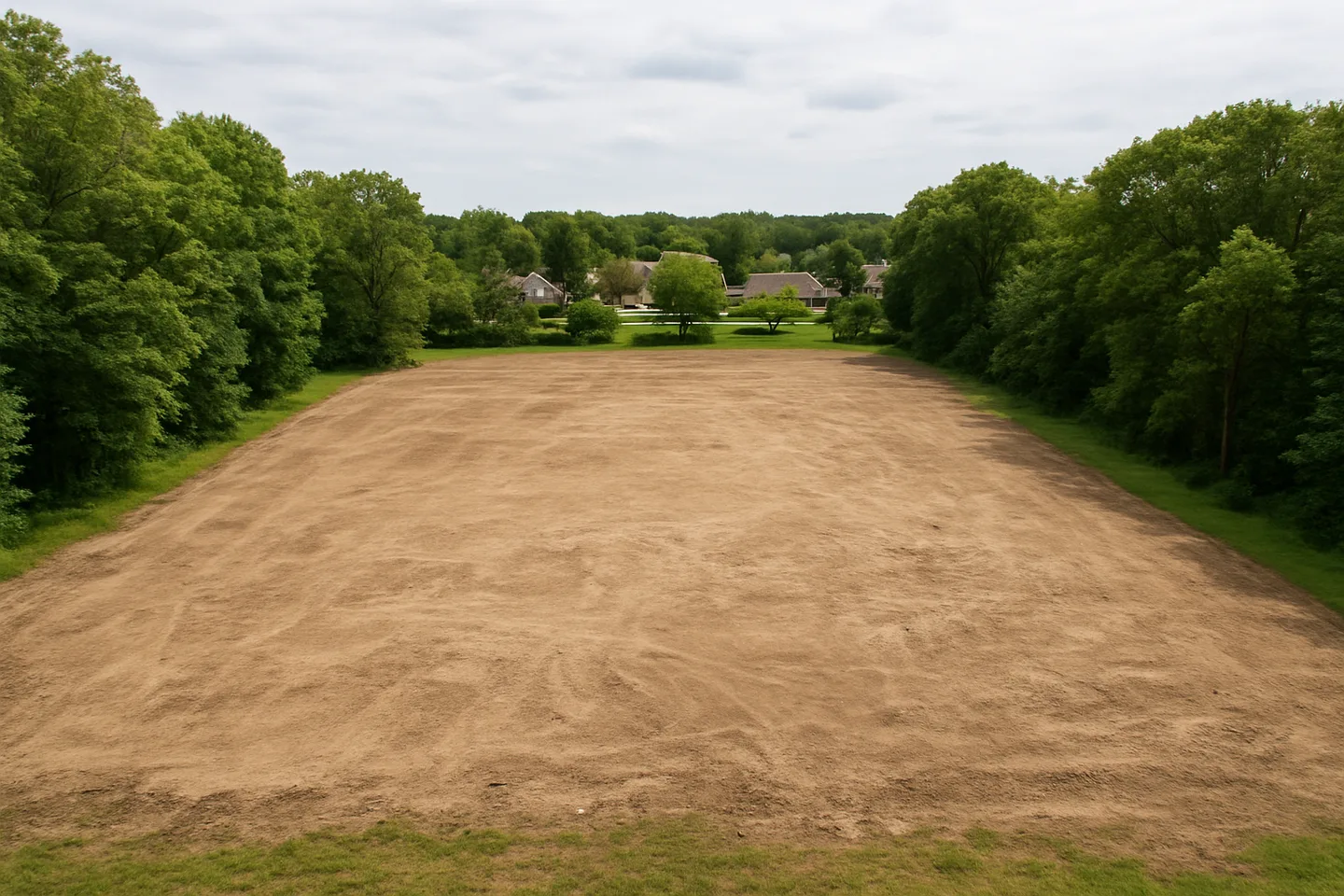 Aerial view of a cleared vacant lot bordered by trees