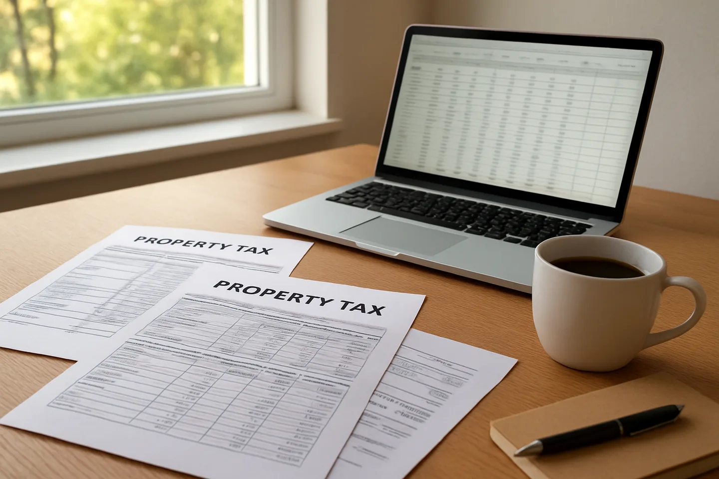 Property tax documents and laptop on a desk