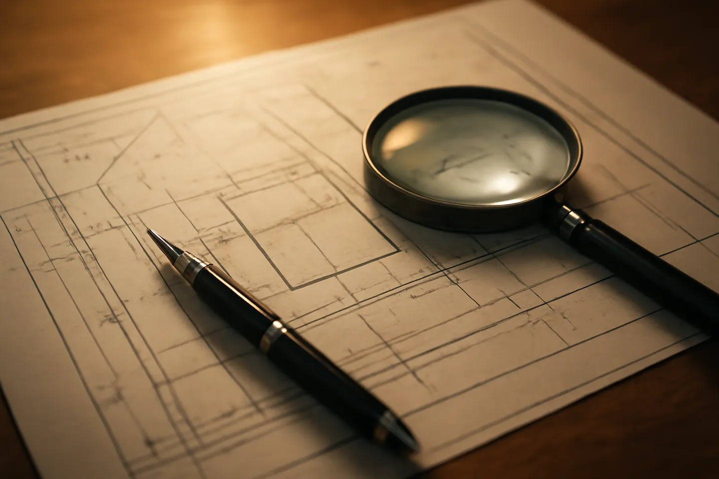 Property survey map and magnifying glass on a table