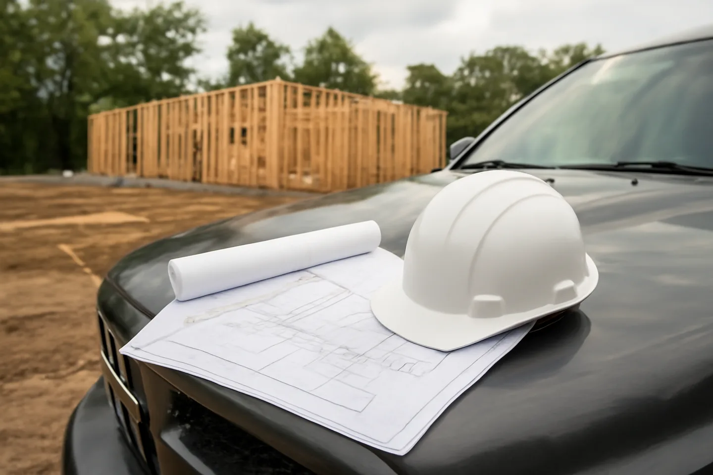 Blueprints and hard hat on a truck hood at a construction site
