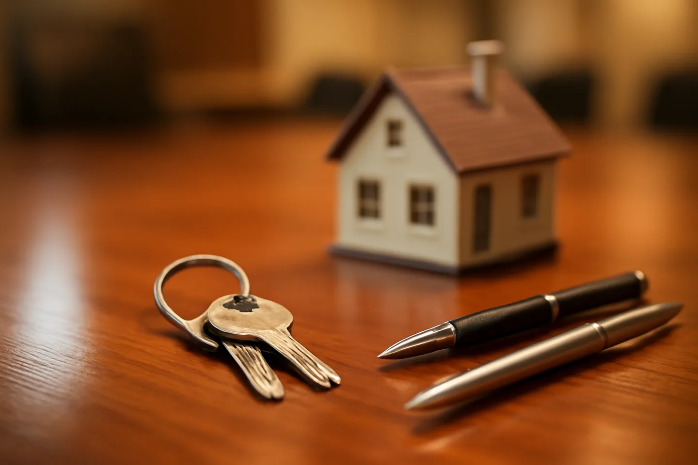 Property closing table with signed documents and keys from above