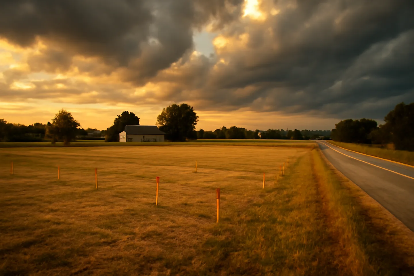 Rural property with survey stakes along a county road
