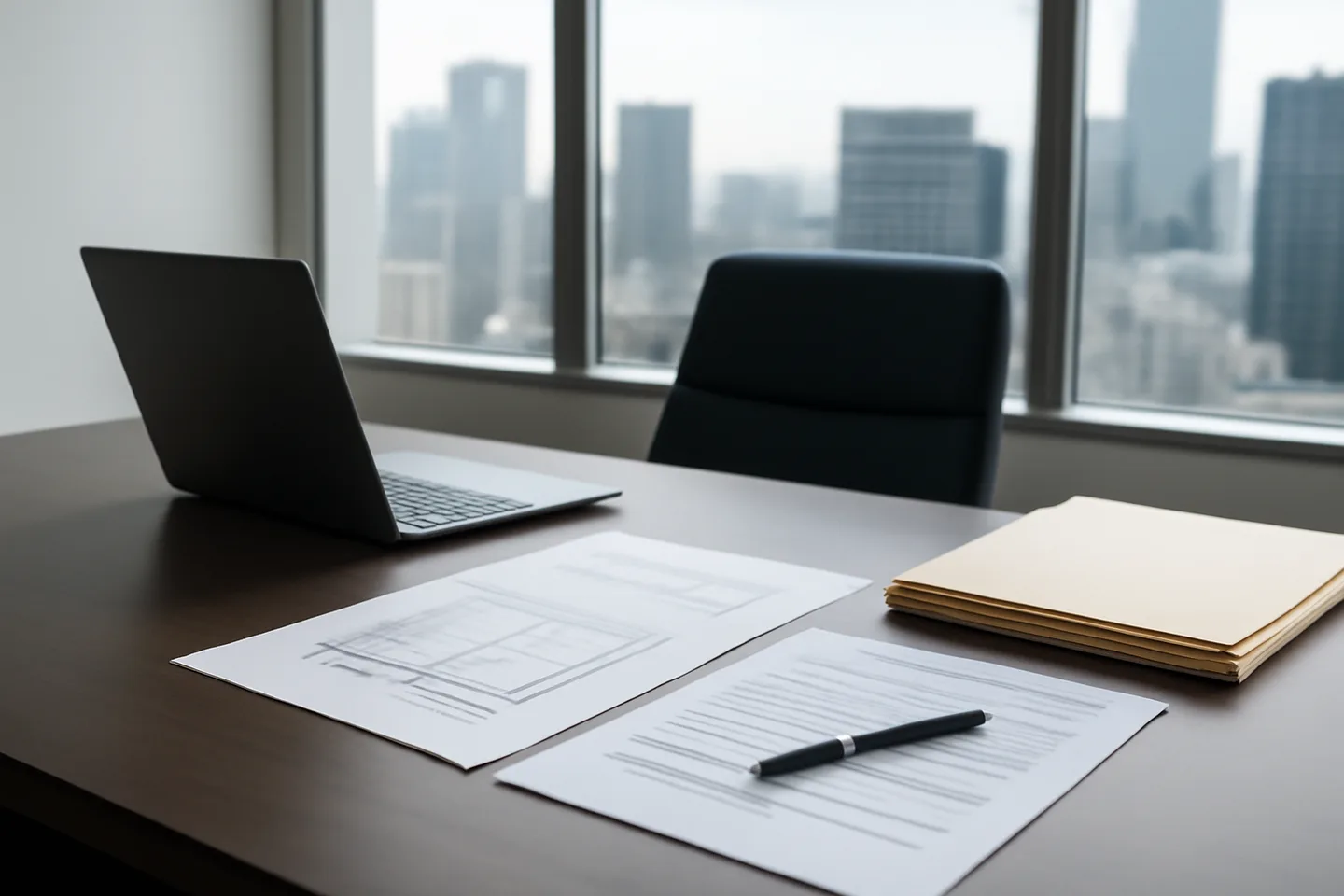Professional office with property documents and city view