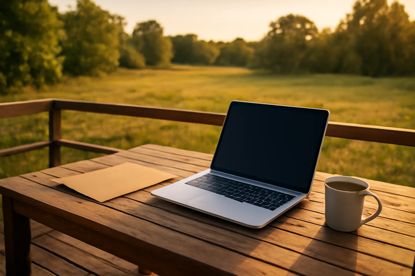 Laptop and property folder on a deck overlooking vacant land